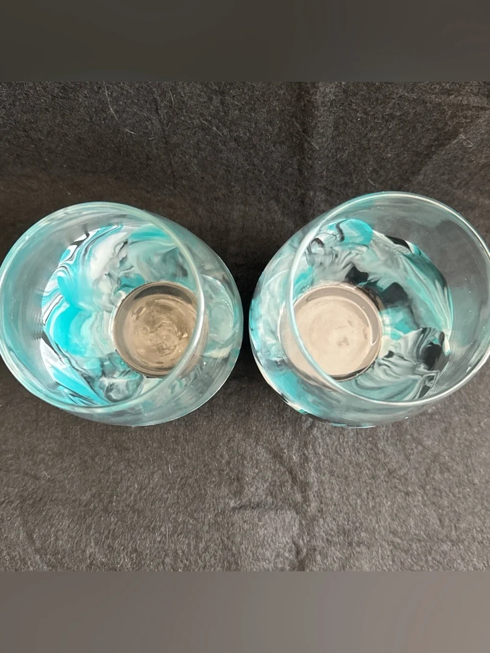 Water Marbled Stemless Wine Glasses Set Of 4 Handmade Unique Turquoise White